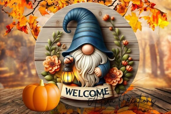 3D Gnome with Lantern Floral Sign PNG