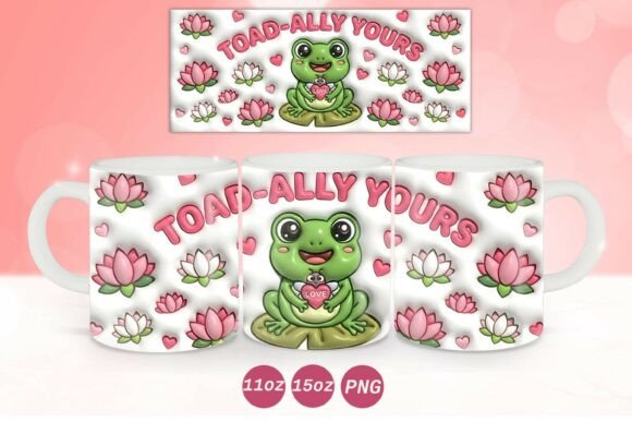3D Inflated Valentine Frog Mug Wrap PNG