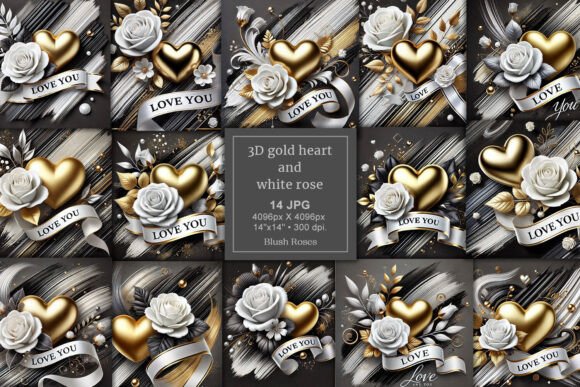 3D Metallic Gold Heart & White Rose