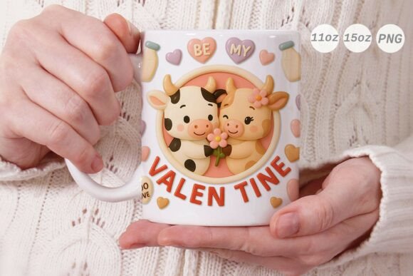 3D Valentine Cow Couple Mug Wrap PNG