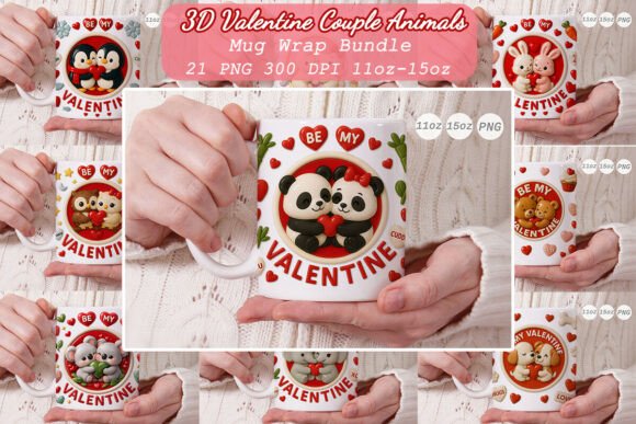 Creating Personalized Gifts with 3D Valentine Couple Animals Mug Wrap PNG Designs
