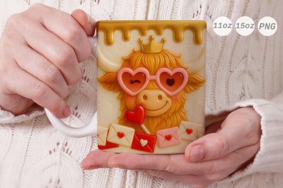 Valentine Highland Cow 3D Mug Wrap PNG